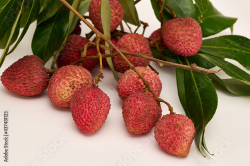 Lychee (Litchi chinensis) fruits and leaves on a white background