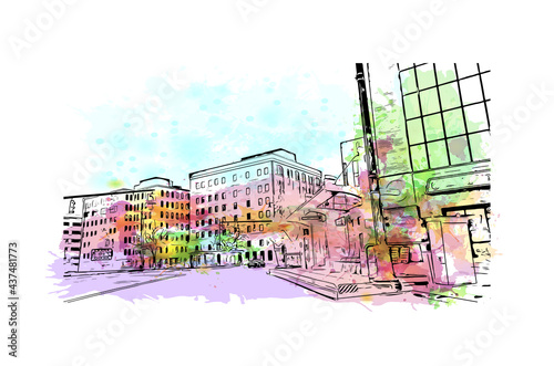 Building view with landmark of Grand Rapids is the 
city in Michigan. Watercolor splash with hand drawn sketch illustration in vector.