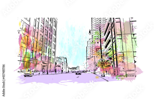 Building view with landmark of Grand Rapids is the 
city in Michigan. Watercolor splash with hand drawn sketch illustration in vector.