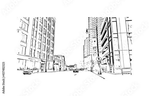 Building view with landmark of Grand Rapids is the 
city in Michigan. Hand drawn sketch illustration in vector.