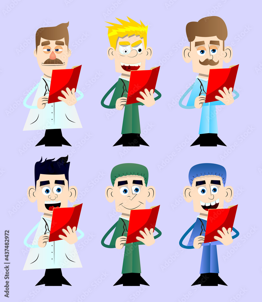 Funny cartoon doctor reading a red book. Vector illustration. Health care worker holding a magazine, diary, brochure. Funny cartoon doctor reading a red book. Vector illustration. Health care worker holding a magazine, diary, brochure.