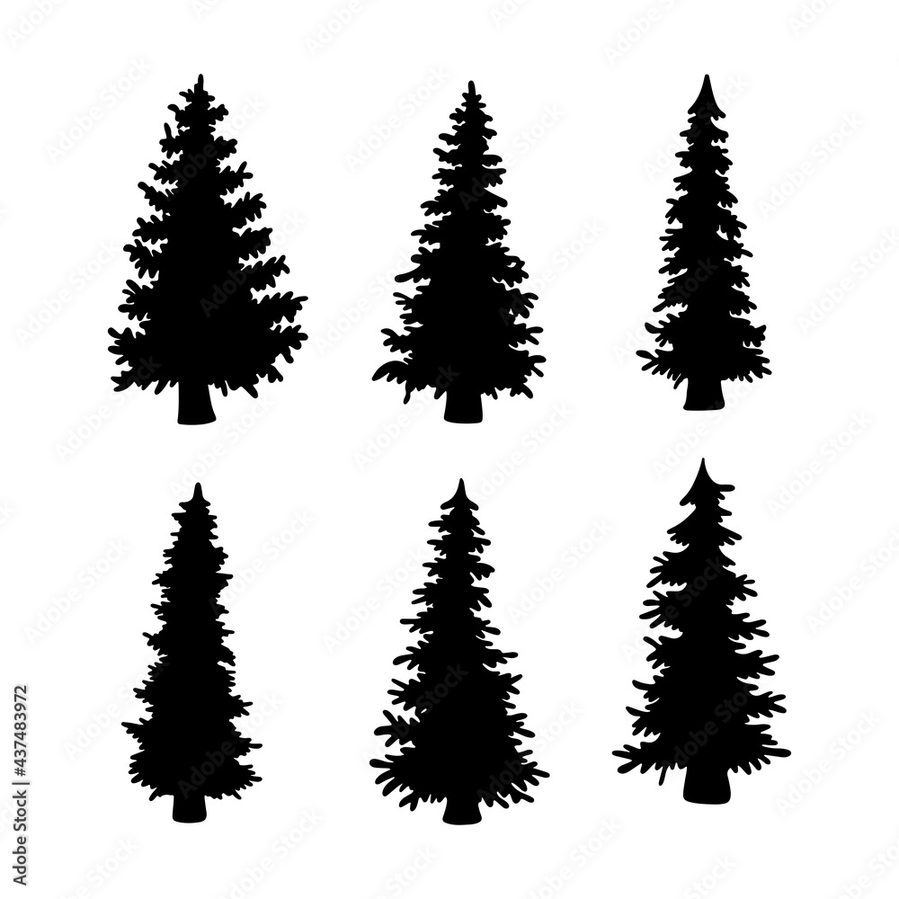 Isolated Pine on the white background. Pine silhouettes. Christmas elements. Vector illustration. Design, packaging, wallpaper.