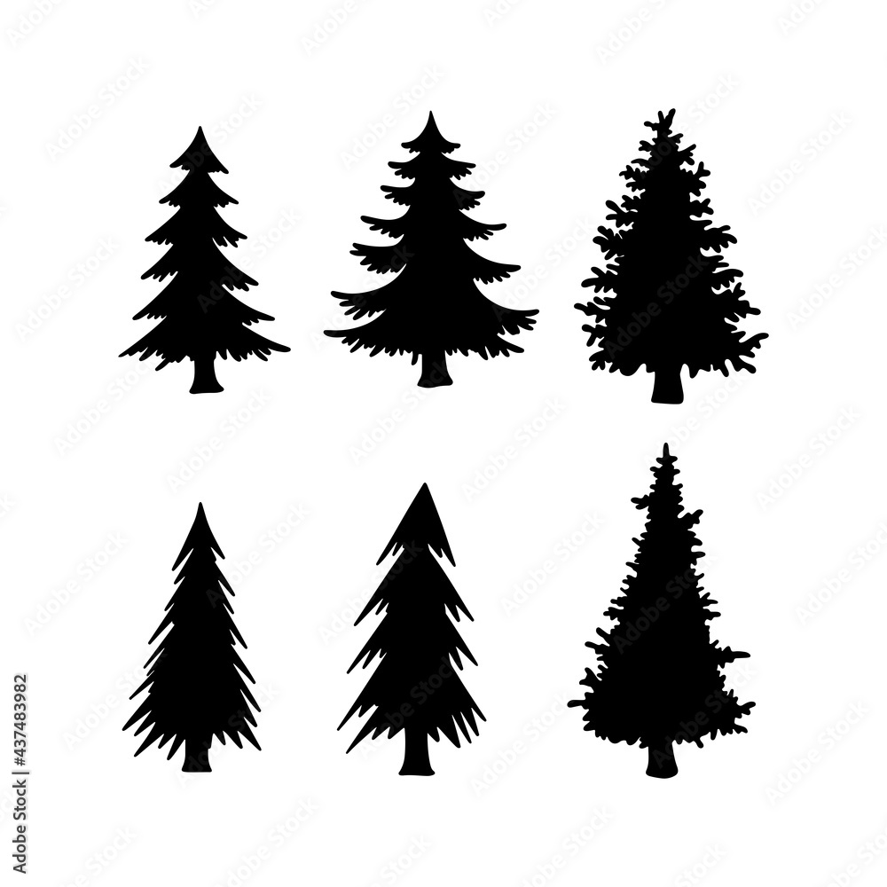 Fototapeta premium Isolated Pine on the white background. Pine silhouettes. Christmas elements. Vector illustration. Design, packaging, wallpaper.
