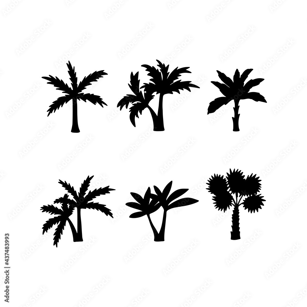 Set of Palm trees black silhouettes. Vector palm trees silhouettes. Hand drawn relax palm tree drawings for sea and beach travel designs.
