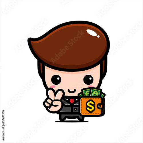 cartoon vector design of a cute boy as a businessman holding a wallet full of money