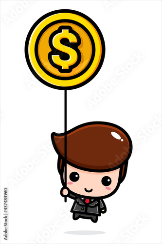 cute cartoon boy vector design as businessman flying with coin shaped balloon