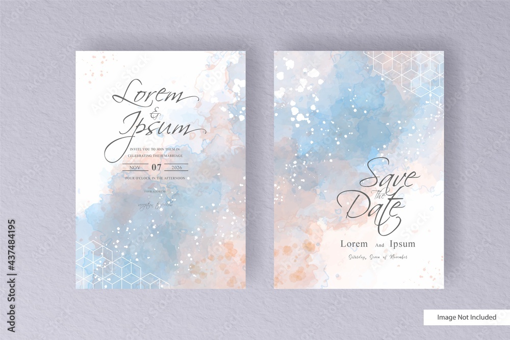 Watercolor Wedding Invitation card with hand painted colorful liquid watercolor and floral element