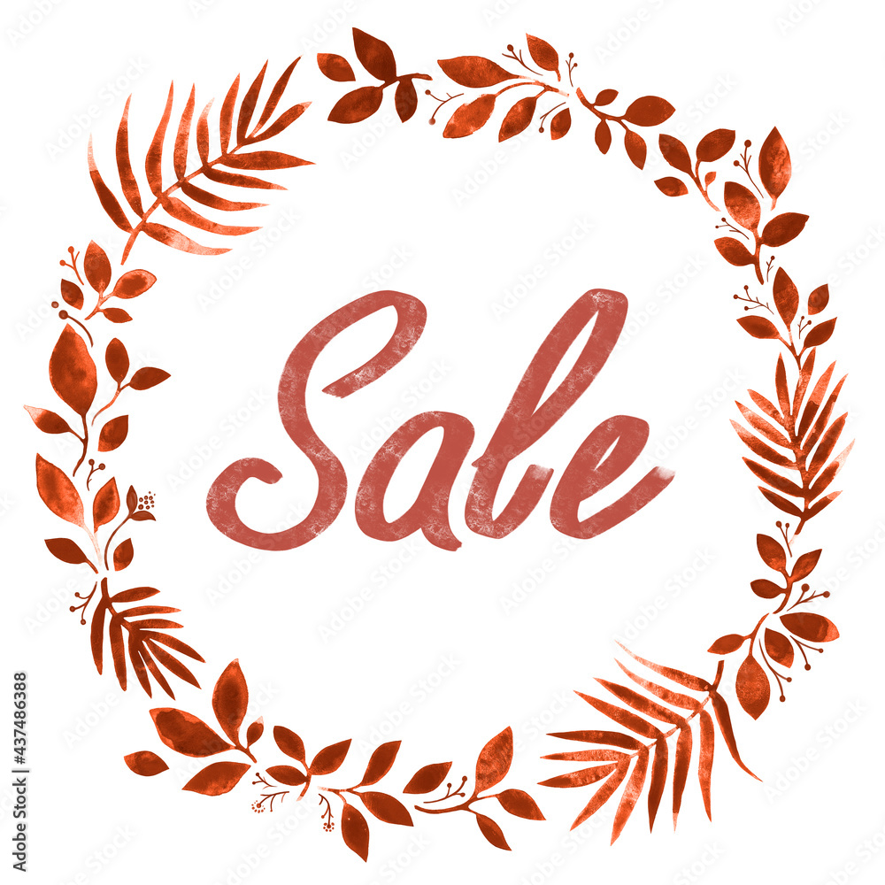orange wreath of fall leaves painted with brush and watercolor on a white background with the inscription sale. orange wreath of fall leaves painted with brush and watercolor on a white background with the inscription sale.