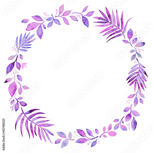 light purple wreath of leaves painted with a brush and watercolor on a white background. background for your text or logo.