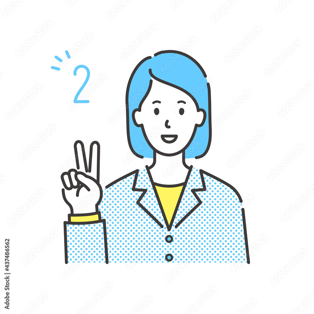 笑顔で指を2本立てたピースサインでスーツ姿の若い女性の上半身イラスト 笑顔で指を2本立てたピースサインでスーツ姿の若い女性の上半身イラスト