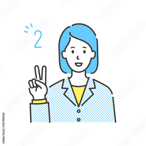 笑顔で指を2本立てたピースサインでスーツ姿の若い女性の上半身イラスト