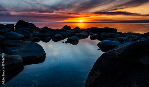 Image of a setting sun with wispy clouds over a calm lake with large dark rocks in the foreground. The clear water reflects the sunset.