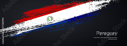 Grunge brush of Paraguay flag on shiny black background. Creative glitter sparkle brush paint vector illustration