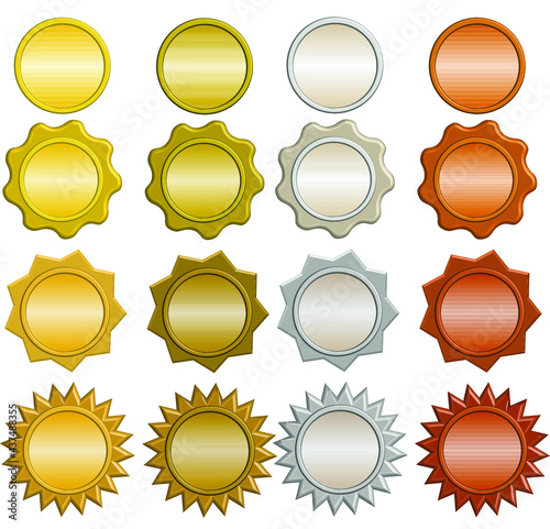 Blank coins.Set of awards and medal.Certificate of appreciation, award diploma icons.Sign, symbol or logo isolated.Silver, gold, copper, bronze coins.Circle elements.Mockup vector.Button for graphics.