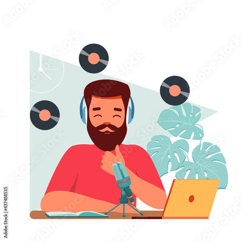 Male podcaster talking to microphone recording podcast in studio. Vector illustration in flat style.  A man is doing live podcasts on his laptop.Man in headphones records a podcast in the studio.