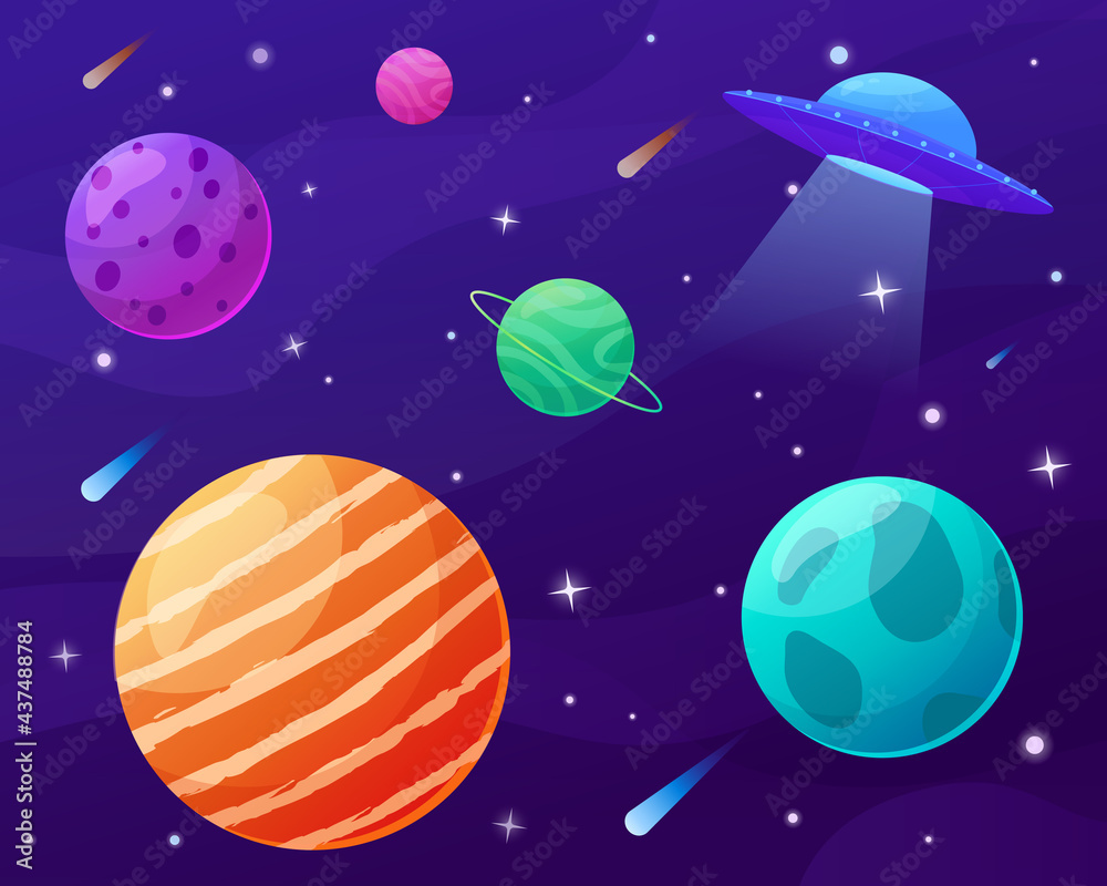 Vector cosmos illustration in cartoon style. UFO and planets. Universe, space and galaxies.
