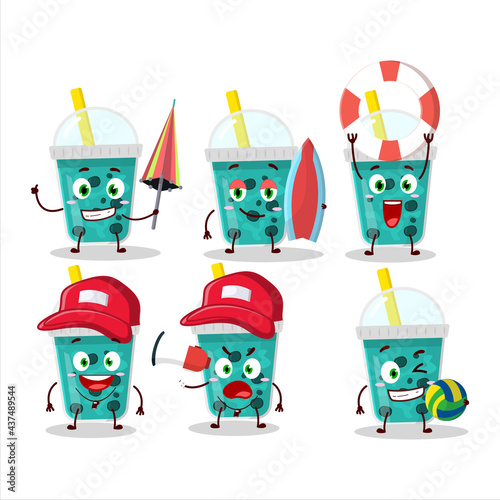 Happy Face taro milk with boba cartoon character playing on a beach