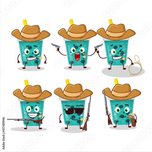 Cool cowboy taro milk with boba cartoon character with a cute hat