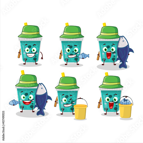 A fisherman taro milk with boba cartoon picture catch a big fish