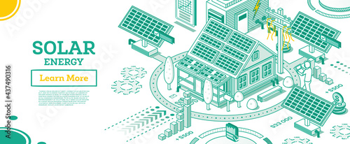 Solar Energy Panels on the Roof of House. Renewable Green Energy Isometric Concept Isolated on White Background.