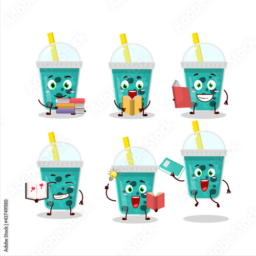 A picture of taro milk with boba cartoon character concept reading an amusing book