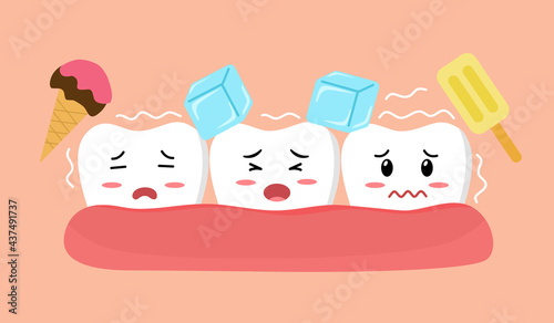 Sensitive teeth cartoon character with ice and ice cream in flat design. Tooth sensitivity symptom concept. photo