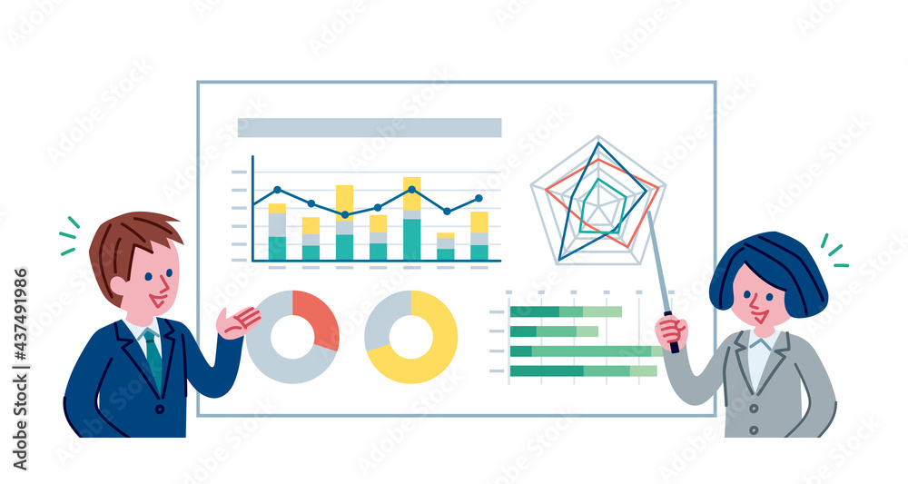 グラフとスーツを着た男女のイラスト