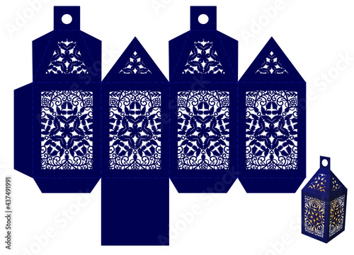 Festive Christmas lantern with openwork windows. DIY stencil for cutting out Christmas decor and gifts.
Carved elements for decoration