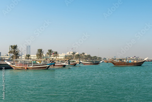 Traditional wooden boat (dhow) in Doha Corniche, Qatar, Middle East