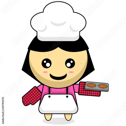 chef girl cooking cake character cartoon illustration