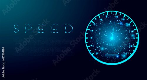 Car speedometer isolated on dark blue background. Abstract low poly wireframe style. Stock vector illustration.