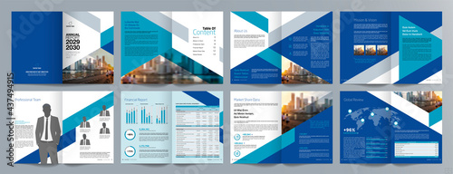 Corporate business presentation guide brochure template, Annual report, 16 page minimalist flat geometric business brochure design template, A4 size.