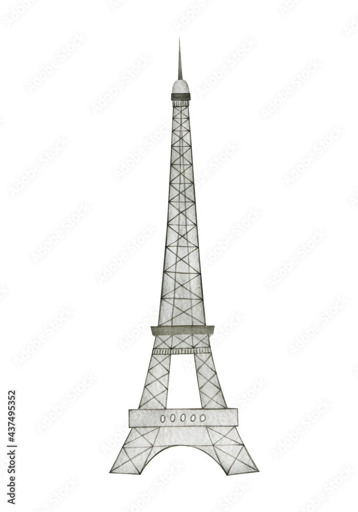 Watercolor drawing of Eiffel tower in Paris on white background.