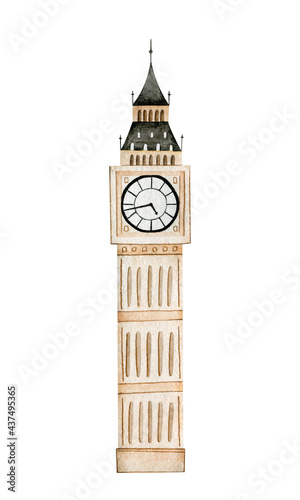 Watercolor Big Ben illustration. Element isolated on white background.