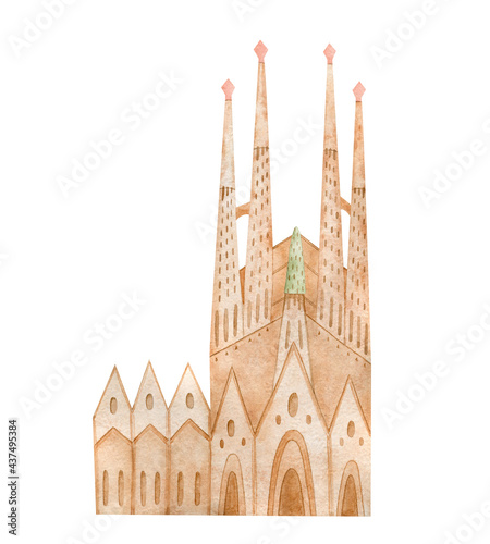 Watercolor Sagrada Familia illustration, Barcelona, Spain. World famous landmark of Gaudi. photo