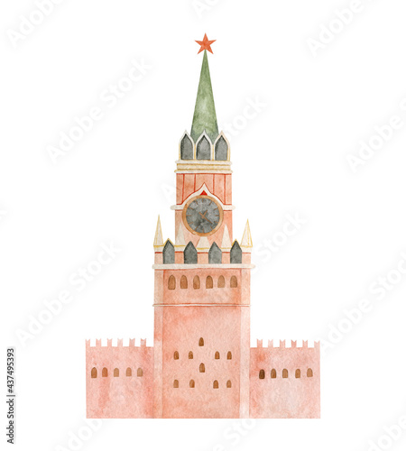 Spasskaya Tower Moscow Kremlin. Russia Red Square. Watercolor illustration. photo