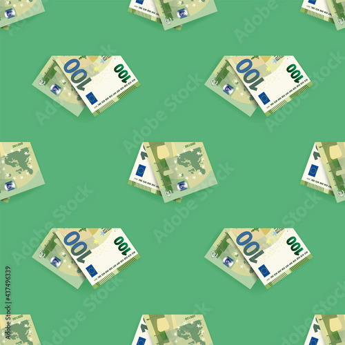 Seamless pattern. Folded EU paper money. Euro 100 banknotes are staggered symmetrically on a green background