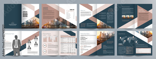 Corporate business presentation guide brochure template, Annual report, 16 page minimalist flat geometric business brochure design template, A4 size.