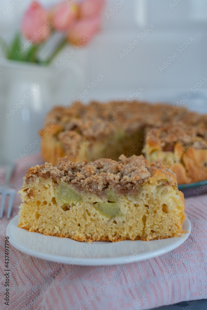 Home made Sweet Rhubarb cake with fresh rhubarb and cinnamon streusel