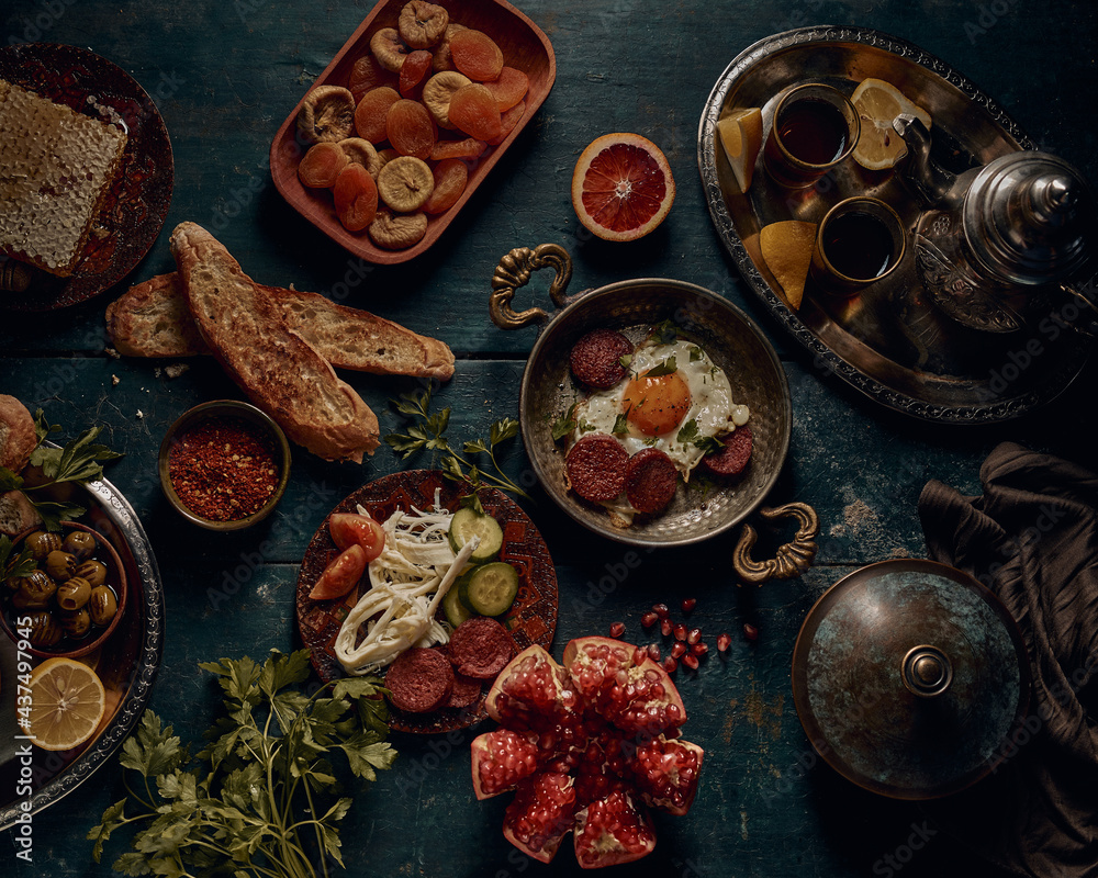 Appetizing breakfast with fried eggs and sausage Appetizing breakfast with fried eggs and sausage