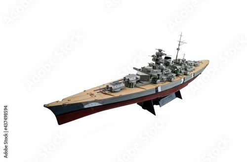 Billede på lærred Side view of Assemble WW2 warship plastic model ( Bismarck from Germany ) on wh