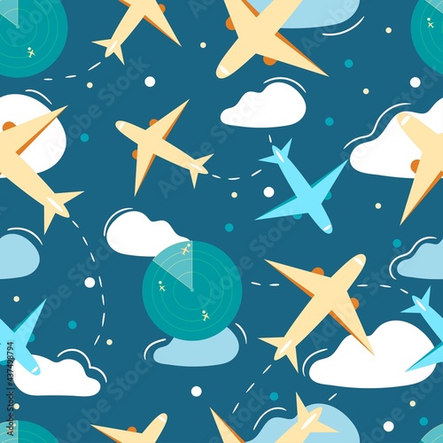 Airplanes seamless pattern. Colorful planes, clouds and air traffic radars. Aviation concept vector illustration.