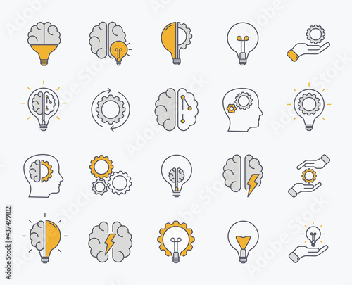 Brainstorm icons set. Artificial light, brain, lightbulb, creative, Developme...