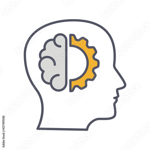 Development solution thin Line Icon. Gear in human dead innovation logo. Vect...