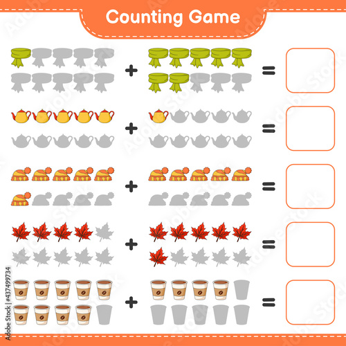 Counting game, count the number of Scarf, Tea Pot, Hat, Maple Leaf, Coffee Cup and write the result. Educational children game, printable worksheet, vector illustration © Pure Imagination