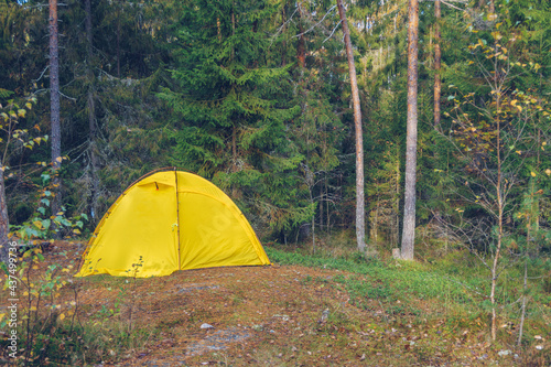 Camping tent in forest. Tourism concept, outdoors leisure. Life in a tent. Russia, Karelia.