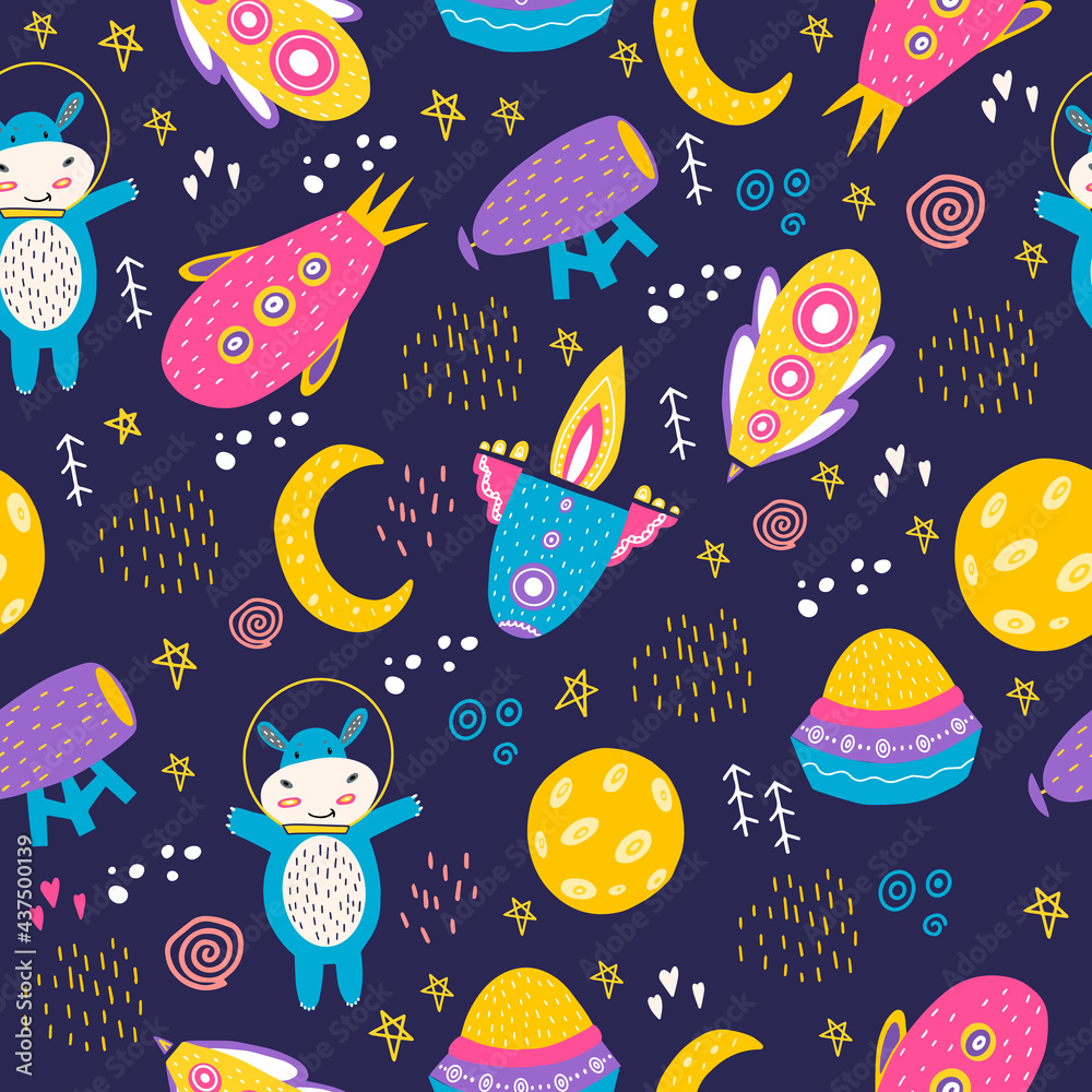 A seamless pattern with a space-suited behemoth, spaceships, the moon, planets, stars, and binoculars. Bright print for the design of children's clothing with a small hippo. Flat doodle style. A seamless pattern with a space-suited behemoth, spaceships, the moon, planets, stars, and binoculars. Bright print for the design of children's clothing with a small hippo. Flat doodle style.