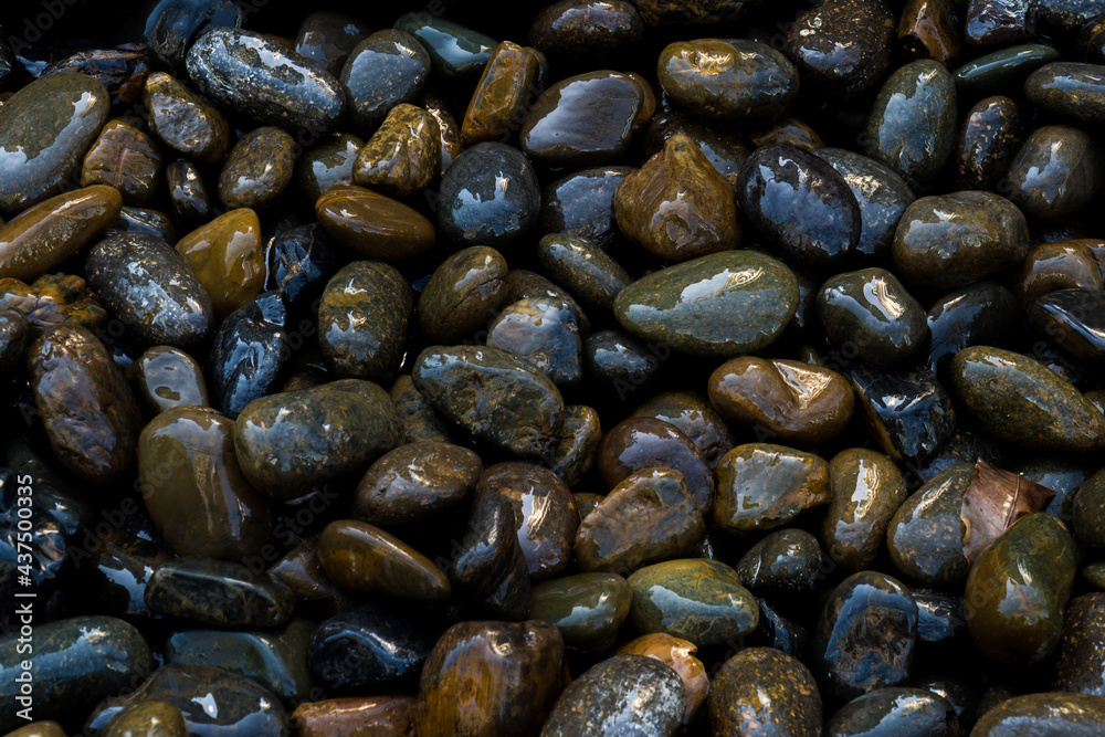 Small stone texture for background. Group of brown, grey and black pebbles, flat lay texture in daylight Small stone texture for background. Group of brown, grey and black pebbles, flat lay texture in daylight