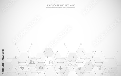 Medical background and healthcare technology with flat icons and symbols. Design template of concept and idea for health care business, innovation medicine, health safety, science. Vector illustration