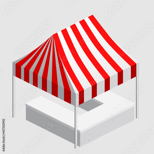Isometric market stall, tent. Street awning canopy kiosk, counter, white red strings for fair, street food, market, grocery goods. Vector isolated